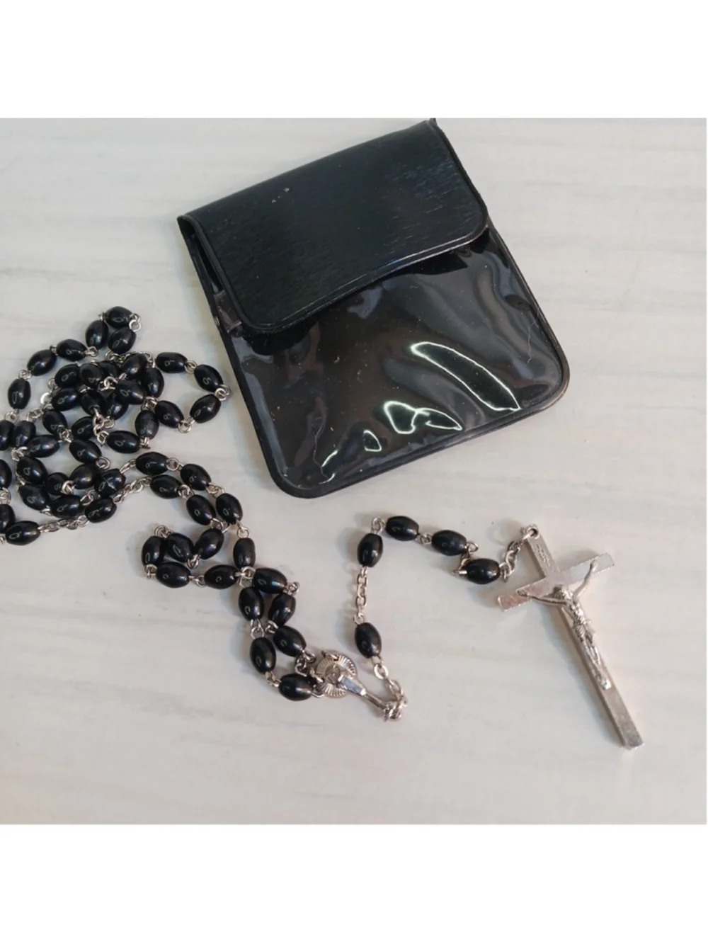 Vintage Silver Black Bead Prayer Rosary Catholic INRI With Pouch